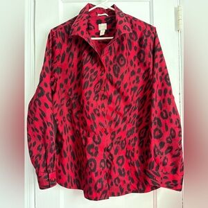 Chico’s Red/Black Panther Print Wrinkle Resistant Button Down Shirt, Sz: 3